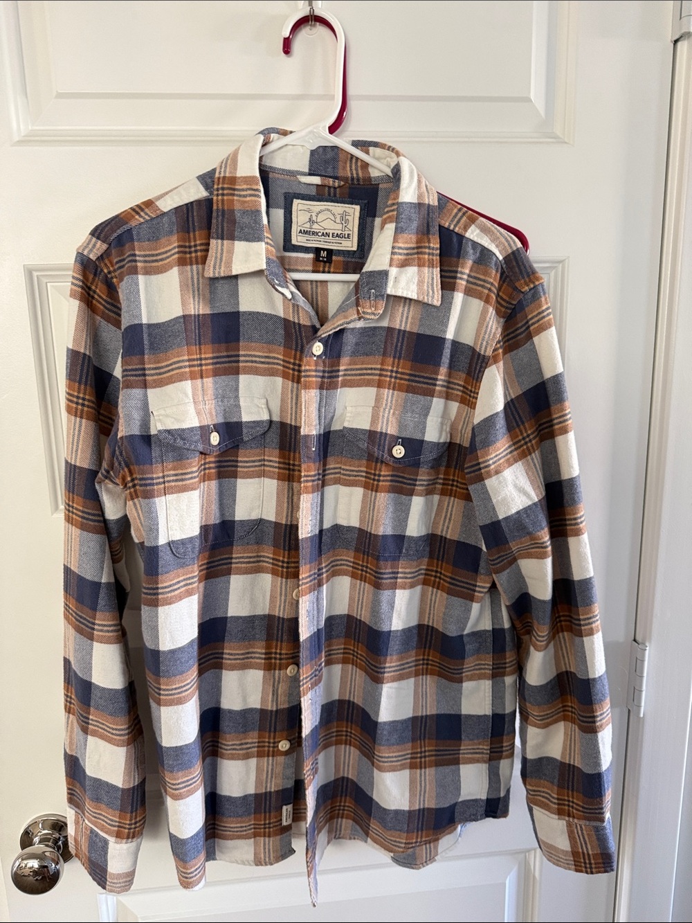 American Eagle Plaid Button Down Shirt Blue Tan Flannal shirt Mens M medium